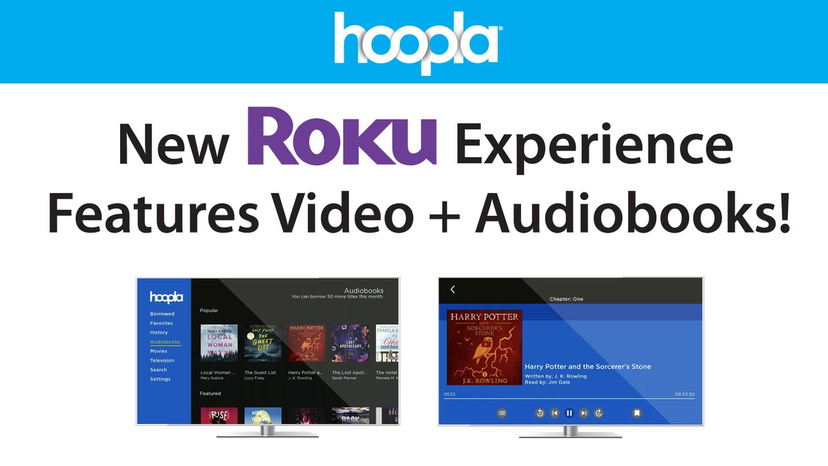 a photo of a smart TV displaying the hoopla app through Roku