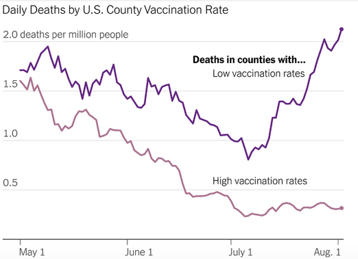 doctormacias's tweet photo. La vacunación Covid es, sobre todo, para no morir. 
En Estados Unidos, los condados con alto nivel de vacunación ya tienen aprox 1/3 decesos por millón de habitantes por día, contra más de 2 en condados con pobre vacunación (Al menos 5 veces más. Imagen, NYTimes). https://t.co/XitWrqYi2o