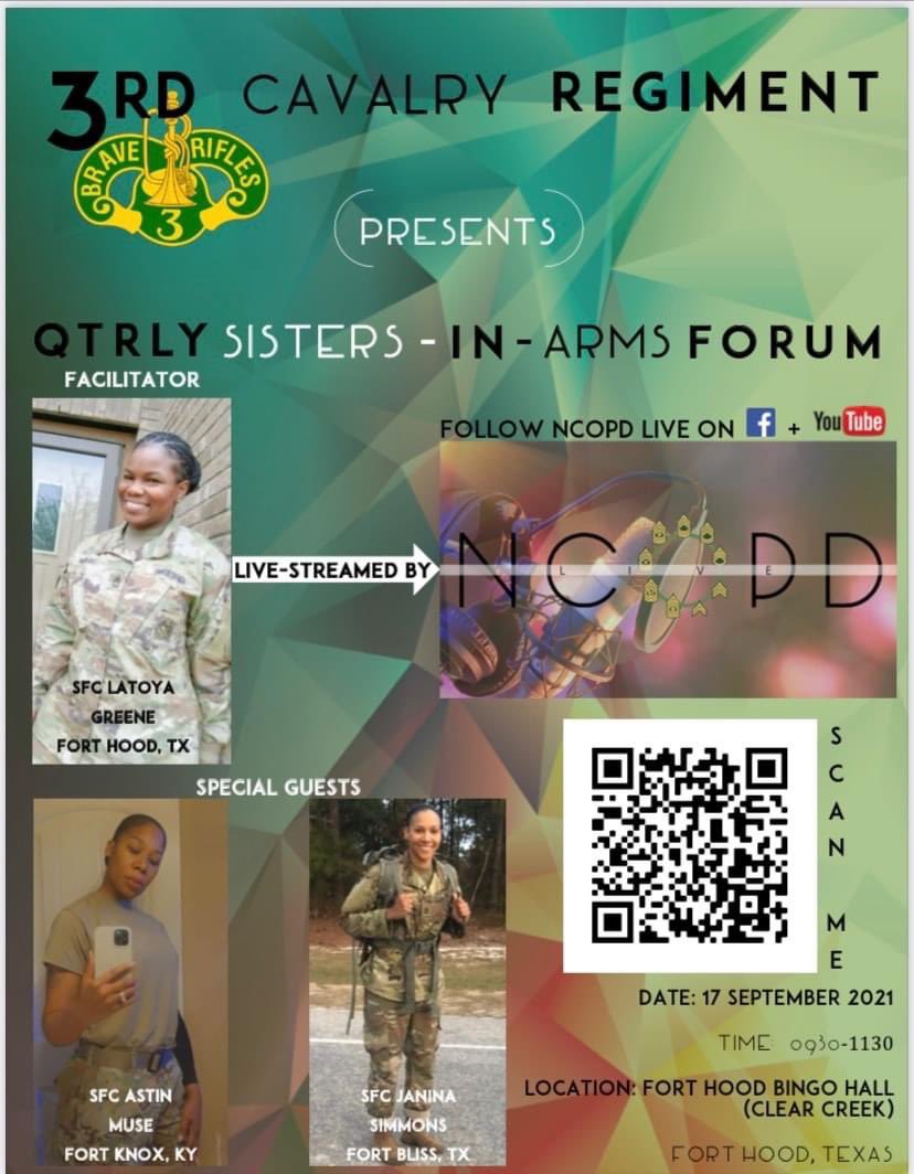 NcopdLive's tweet photo. It’s official, be sure to scan the QR code to reserve your seat! TEAM NCOPD LIVE alone with Richard Leon Green Jr (OZ) and Let’s Talk About It will be on ground for this event! Get your tickets Fort Hood. @16thSMA @Freestyle_EFE @TRADOCCSM @15thSMA @LNCOA_CSM 
-#TPSGL https://t.co/yKYW8sjzQ0
