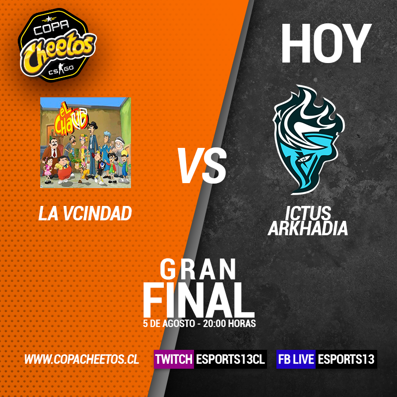 ¡Se define al Campeón! 🏆 La Copa Cheetos de CS:GO llega a su fin con la Gran Final que enfrentará a ICTUS ARKHADIA y LA VCINDAD 🔥 Síguela EN VIVO desde las 20:00 horas por Twitch.tv/esports13cl y Facebook.com/esports13 📲