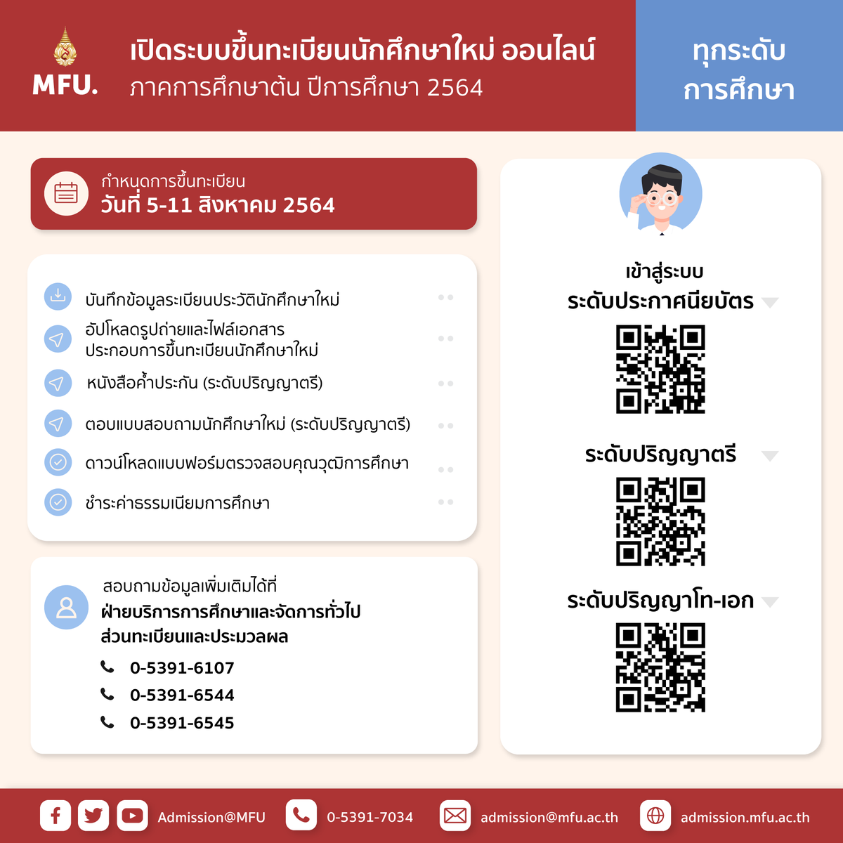 admissionMFU1's tweet photo. เปิดระบบขึ้นทะเบียนนักศึกษาใหม่ ปีการศึกษา 2564
เข้าสู่ระบบขึ้นทะเบียนนักศึกษาใหม่ได้ที่:
🟠 ระดับประกาศนียบัตร: https://t.co/gCNra0CB9a
🟡 ระดับปริญญาตรี: https://t.co/bCDZf3a3vi
🟢 ระดับบัณฑิตศึกษา (ปริญญาโท-เอก): https://t.co/SFkJ4Fv0VR

#dek64 #มฟล #นักศึกษาใหม่ #แม่ฟ้าหลวง https://t.co/tjPZN0K3Ay