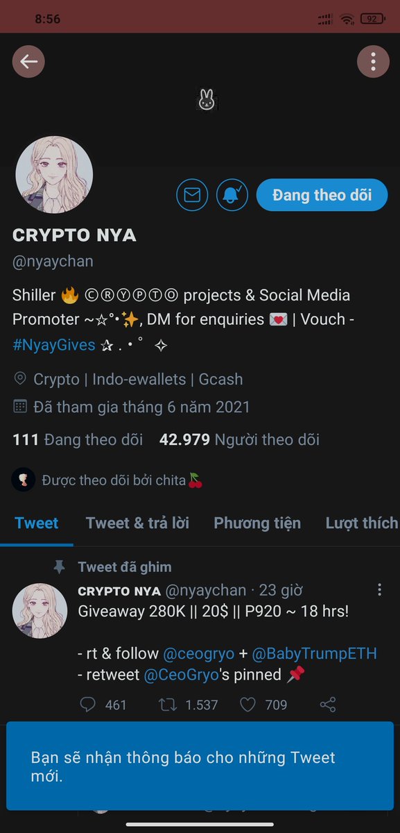HongPhc69864351's tweet photo. @TiarCrypto @nyaychan Done https://t.co/8cr9q787f5