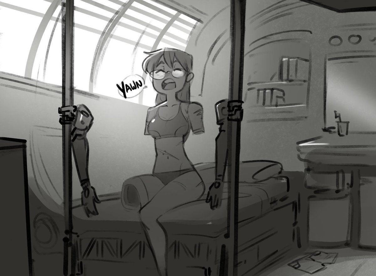 I was just doing some ideas for how my Colette sleeps if her metal limbs are too uncomfortable for bed. And I rather liked the pleasant atmosphere of the light in this sketch. 