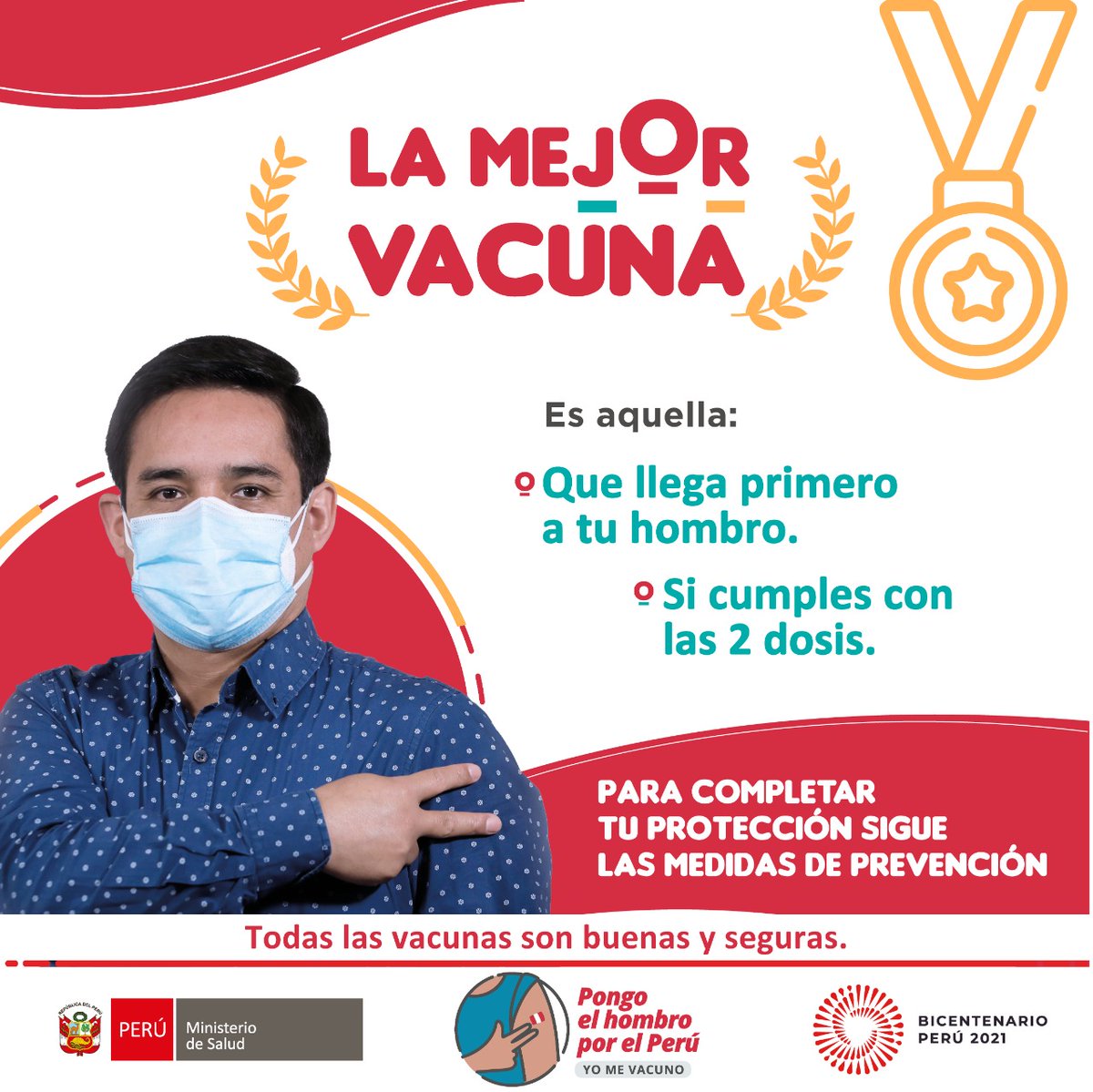 Minsa_Peru's tweet photo. La mejor vacuna es la primera que llega a tu hombro. 💪🏼  Todas son buenas y seguras frente a la #COVID19. 💉✨ 

¡Ponte las dos dosis y completa tu protección! #PongoElHombro 🇵🇪 https://t.co/QPPdb1D8zO