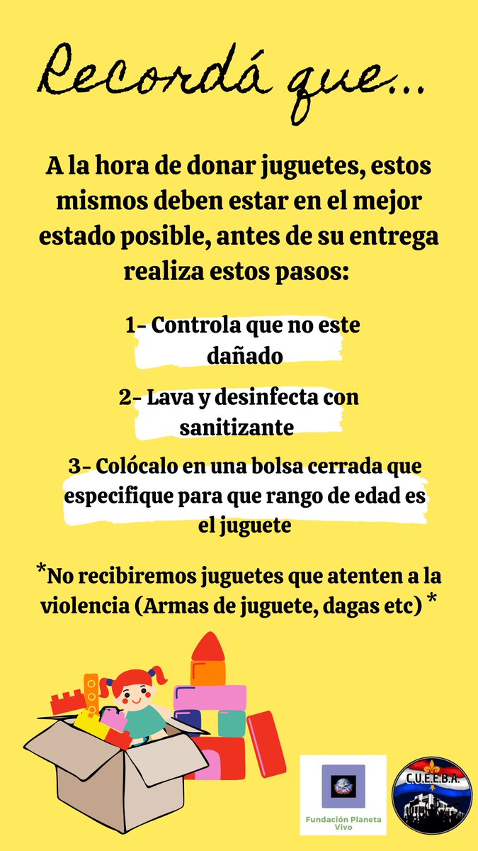 Cueebaoficial's tweet photo. Hacemos un llamado de solidaridad para todas las personas que quieran colaborar donando juguetes para este día del niño🧩🧸
Habrá dos puntos de recolección, el día sábado 07/08 en:
- Plaza San Martin de 16hs a 19hs
- Plaza Independencia de 16hs a 19hs https://t.co/SZlCVRovtc