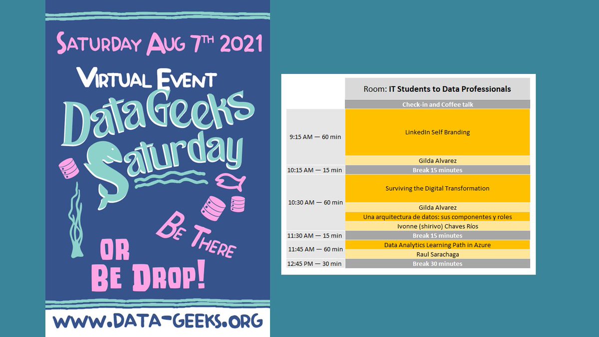 TOMORROW - Online #DataGeeksSaturday - Room #ITSTUDENT to #DATA Professional Schedule! Save your spot and register here > data-geeks.org/data-geeks-sat…

<a href="/Latina_dba/">Latinas in data</a> <a href="/shirivo/">Ivo</a> <a href="/raulsarachaga/">Raul Sarachaga Diaz</a>
#SqlSatSoFLa #DGS2021 #itcareen #DataAnalytics #DataArchitecture #MicrosoftAzure #jobseekers