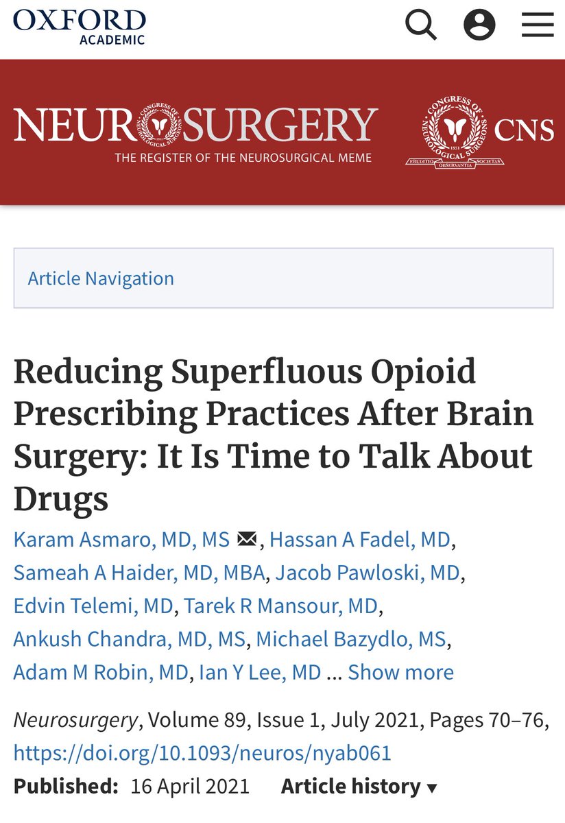 Could not be more proud of the work we’ve done using education to reduce the amount of opiates prescribed following cranial surgery! Education works and neurosurgeons are able to play a role in curbing our national crisis of abuse! 

Read more here: academic.oup.com/neurosurgery/a…
