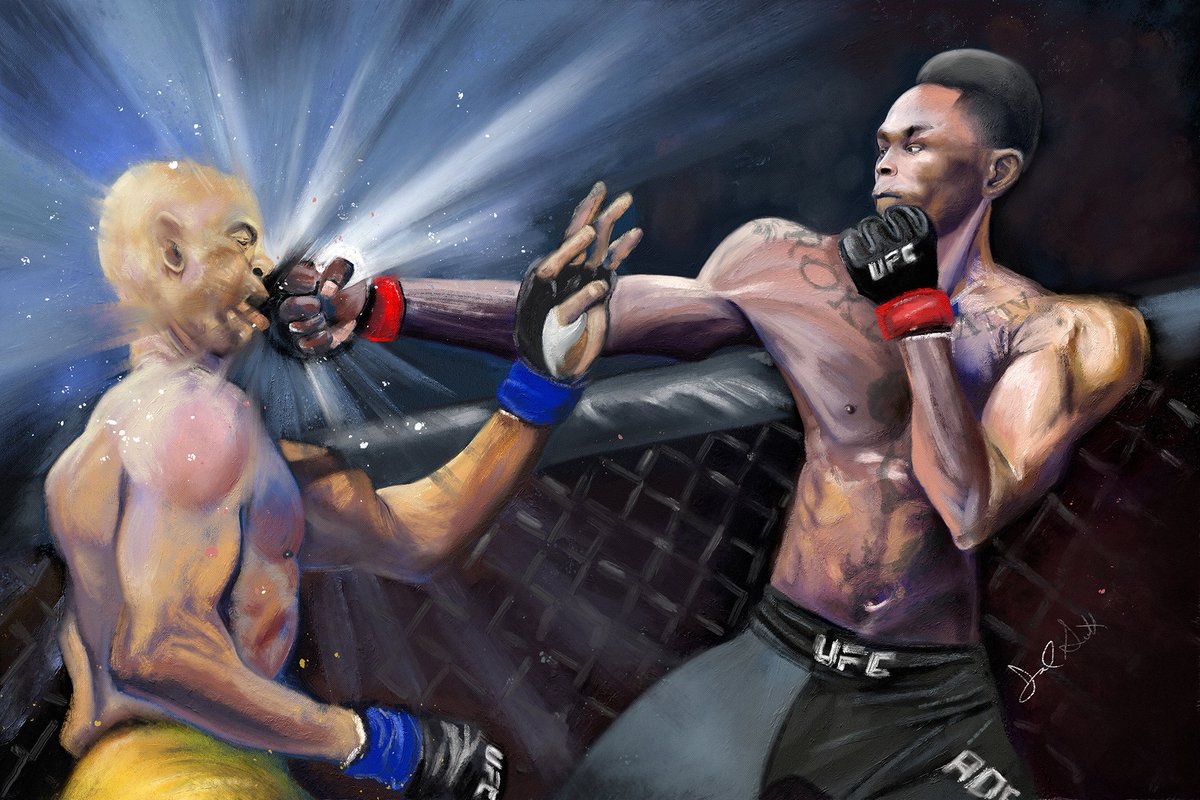 jamalsutter's tweet image. This #digitalpainting depicts a moment between Israel "The Last @stylebender" Adesanya and Anderson "The Spider" Silva in their iconic match at UFC 234. Made using @escapemotions Rebelle 4. #art #mma