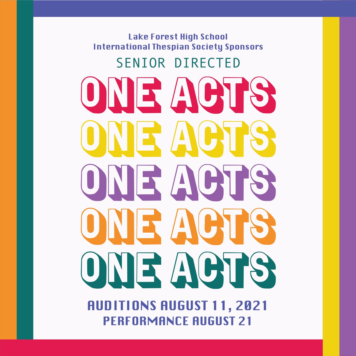 Auditions for One Acts are ONE WEEK AWAY! Auditions will take place Wednesday, August 11 from 4-7 PM. Tell everyone you know!