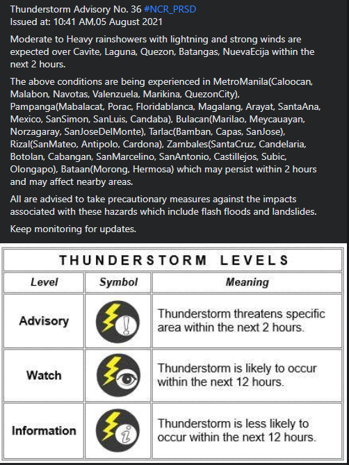 dost_pagasa's tweet photo. Thunderstorm Advisory No. 36 #NCR_PRSD
Issued at: 10:41 AM,05 August 2021 https://t.co/be7wonK2H8