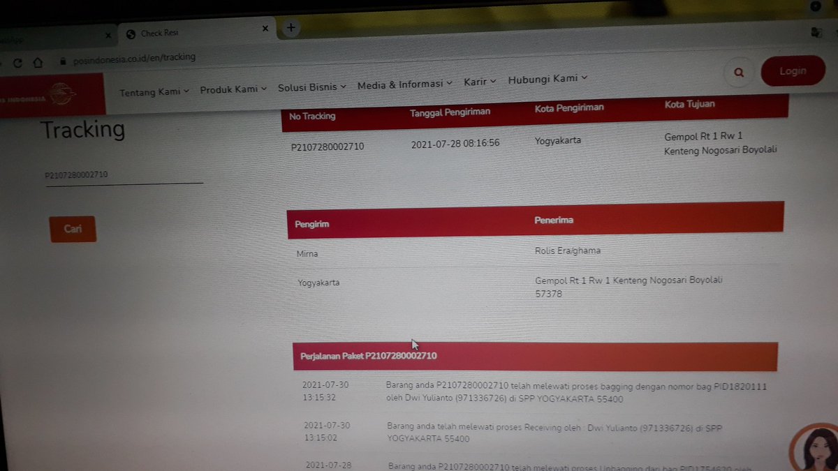 CkykMarni's tweet photo. @PosIndonesia Mohon bantuan untuk paket dg resi P2107280002710 kirim ke boyolali an rolis era sampai saat ini masih belum diterima padahal yg 1 paket lagi sdh diterima tp yg resi nomor itu sampai saat ini belum diterima. https://t.co/qAMUaMVTxU