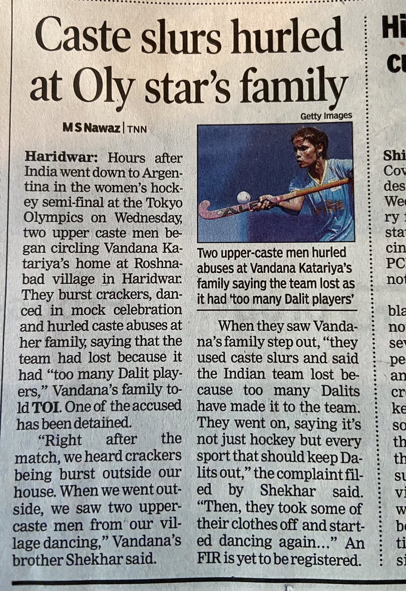 sagarikaghose's tweet image. Reality of India for those seeking to deny caste identity. “Upper caste” men  abuse women’s hockey team member shouting “too many Dalit players”. #DalitLivesMatter #womenshockey