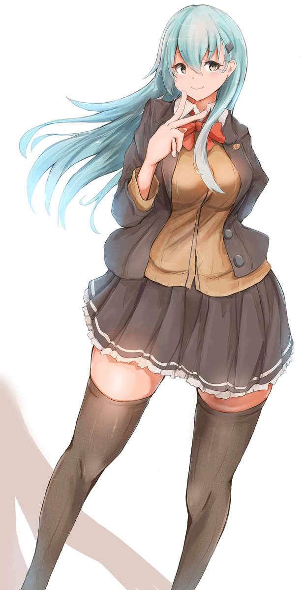 suzuya (kancolle) 1girl solo long hair skirt thighhighs aqua hair jacket  illustration images