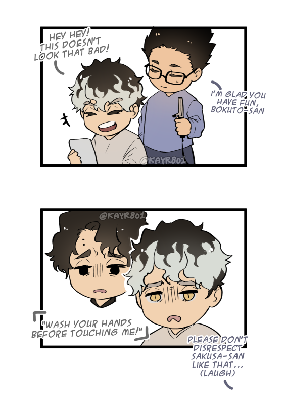 Bokuto wants to switch hairstyles with Akaashi, but ended up having Kiyoomi's... #BokuAka 