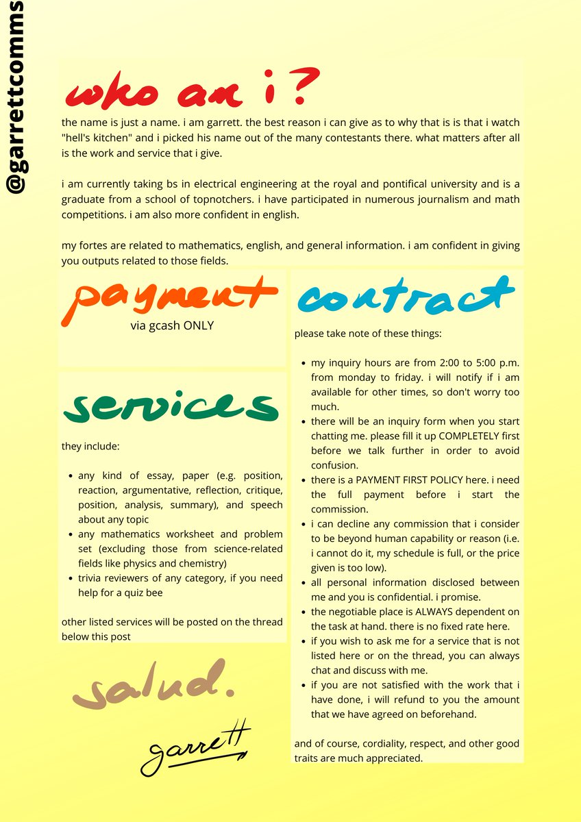 garrettcomms's tweet photo. allo! the name is garrett. i am here if you have a commission or an aid for your next quiz bee.

listed here are my ends of the bargain - my services and terms. rest assured that you can get a work that is made to the best of my abilities.

salud! https://t.co/HoBCqPc57D