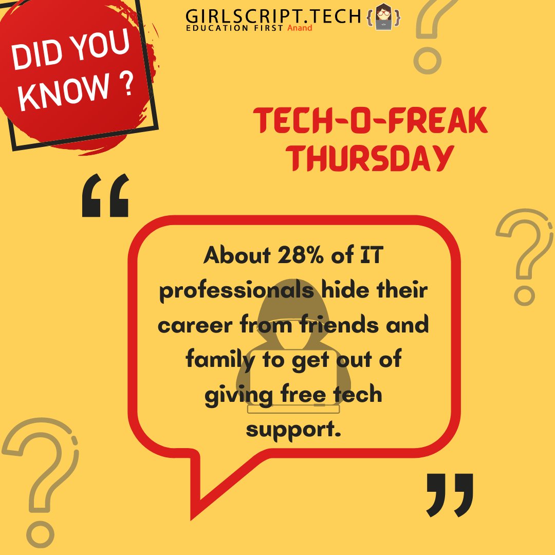 GirlscriptAnand's tweet image. About 28% of IT professionals hide their career from friends and family to get out of giving free tech support.

Follow @GirlscriptAnand for more such techfacts ....

#girlscript #girlscriptfoundation #girlscriptanand #techofreakthursday #techfacts #career #technology