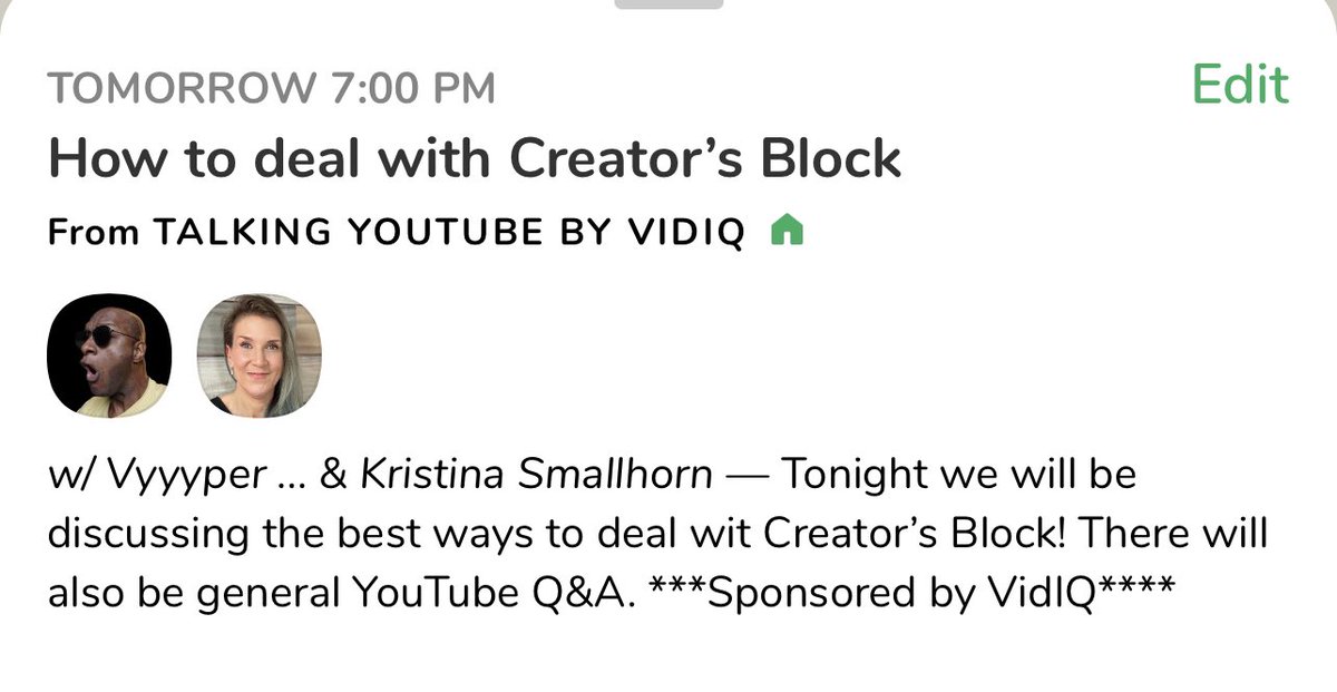 🚨🚨TOMORROW🚨🚨

The Vyyyper is pulling double duty!  At 7pm EST #VEDA continues with another livestream on YouTube. 

Then at 8pm EST We are back on <a href="/Clubhouse/">Clubhouse</a> in PRIMETIME as I’ll be joined by VidSummit speaker <a href="/K_Smallhorn/">Kristina Smallhorn</a> to talk about Creators block! Sponsored by <a href="/vidIQ/">vidIQ</a>