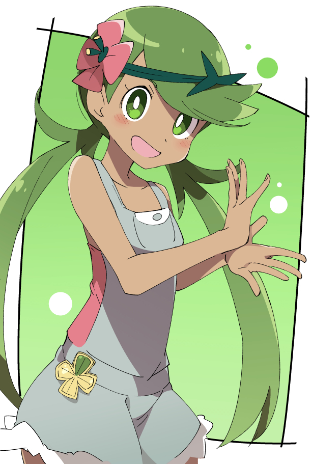 mallow (pokemon) 1girl solo green hair green eyes bright pupils dark-skinned female twintails  illustration images