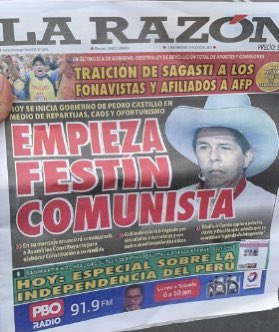 Miren este diario peruano, horas antes de la jura de Pedro Castillo. ¿Cómo funciona y qué pretende la cloaca comunicacional en Latinoamérica? 
Castillo todavía no empezó a gobernar y ya está en plena operación la campaña de terrorismo mediático.
Atilio Borón