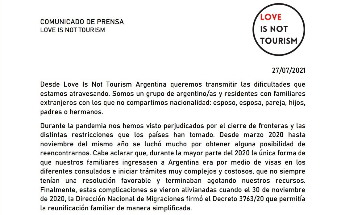 lint_arg's tweet photo. ‼ COMUNICADO DE PRENSA ‼
27.07.2021 

#LoveIsNotTourismArgentina #LoveIsNotTourism https://t.co/Ock2tQVdXB