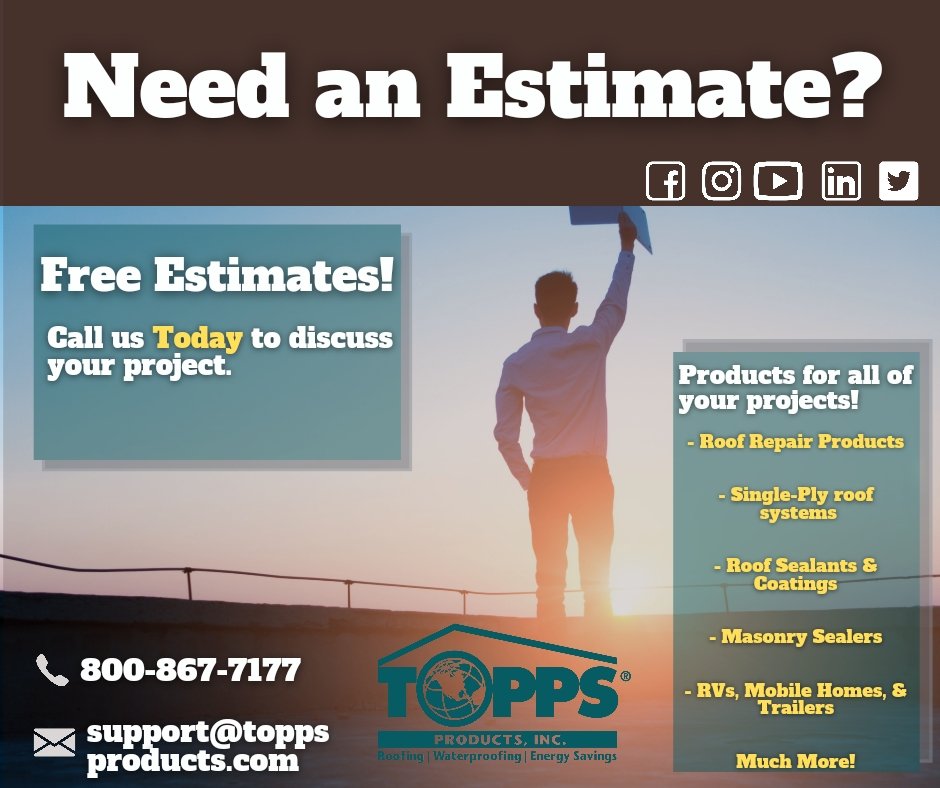 Do you need an estimate for roof repair? 

Topps offers free estimates with our resident experts! Contact us today to set up your appointment.
support@toppsproducts.com

#freeestimates #estimates #roofrepair #commercialroofing #commercialroofingproducts #roofingproducts #roofing