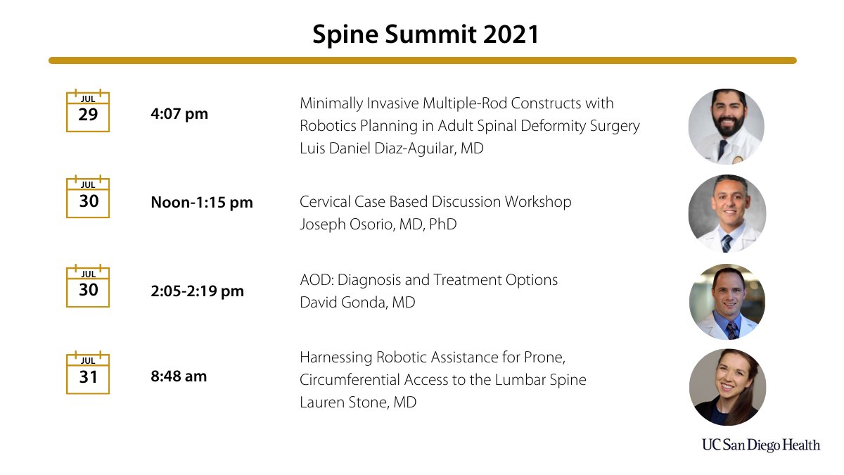UC San Diego Neurological Surgery (@ucsdneurosurg) on Twitter photo Looking forward to day 2 of #Spine2021! You can catch Dr. Luis Daniel Diaz-Aguilar discussing minimally invasive #deformity surgery; Drs. David Gonda, Joseph Osorio (<a href="/OsorioSpine/">Joseph Osorio, MD, PhD</a>) and Lauren Stone (<a href="/LaurenStoneMD/">Lauren Stone, MD</a>) will present later in the week. #NeuroSpine #Neurosurgery Looking forward to day 2 of #Spine2021! You can catch Dr. Luis Daniel Diaz-Aguilar discussing minimally invasive #deformity surgery; Drs. David Gonda, Joseph Osorio (<a href="/OsorioSpine/">Joseph Osorio, MD, PhD</a>) and Lauren Stone (<a href="/LaurenStoneMD/">Lauren Stone, MD</a>) will present later in the week. #NeuroSpine #Neurosurgery
