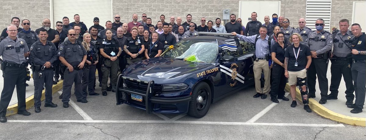 The Nevada Department of Public Safety family rallied together to write words of encouragement  on Trooper May’s patrol car. #StrongerTogether #PrayersForTrooperMay #Family #NevadaHighwayPatrol