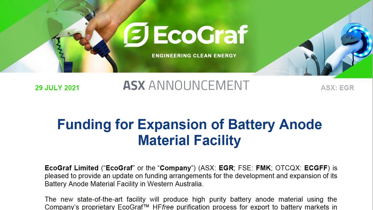 EcoGraf's tweet image. #Funding for Expansion of #BatteryAnodeMaterial Facility. EcoGraf has received a non-binding letter of support from @ExportFinanceAU to secure a US$35 million loan facility for the planned #expansion

Read #ASX Announcement: bit.ly/3f7iFaJ

ASX #EGR FSE #FMK OTCQX #ECGFF