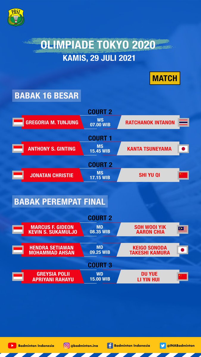 INABadminton's tweet photo. 30 menit jelang laga perdana hari ini. Berikut jadwal lengkap wakil Indonesia. Semangat 💪🔥

INDONESIA BISA
INDONESIA JUARA

#Tokyo2020 https://t.co/Jfy2xDqfMO
