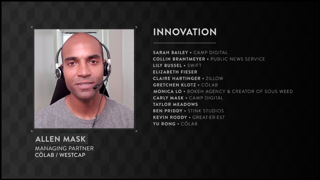 The next category is Innovation. The 2021 Jury President is Allen Mask, Managing Partner, CōLab / Westcap. <a href="/allenmask/">Allen Mask</a> #AICPAwards #AICPNext15