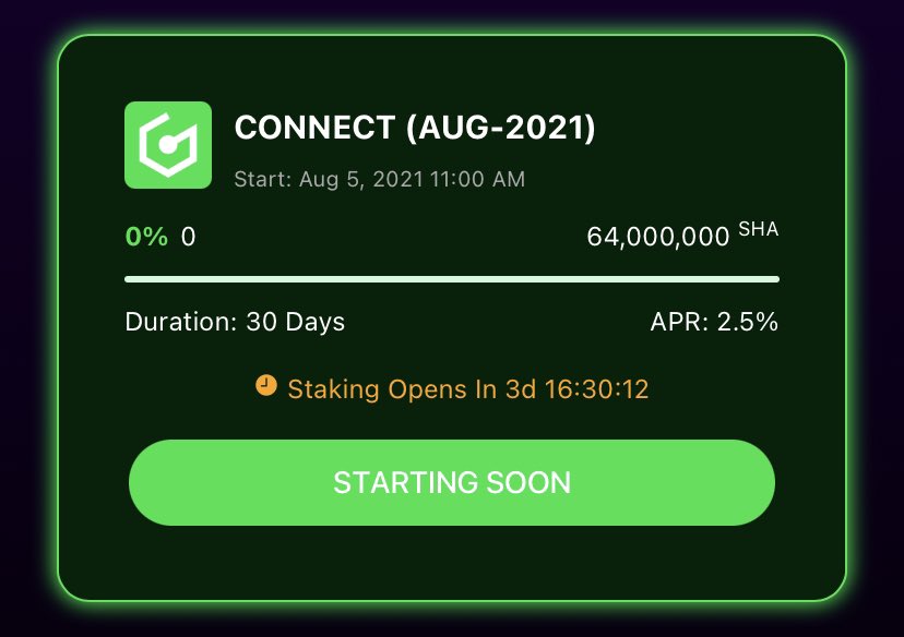 SafeHavenio's tweet image. #ConnectNode holders are eligible to #stake up to 400k $SHA, for a minimum #APR of 2.5%, which can be increased to 4.5% APR if #FixedStaking milestones are obtained.

All pools open on Aug 1st, at 4pm UTC, and close on Aug 5th.