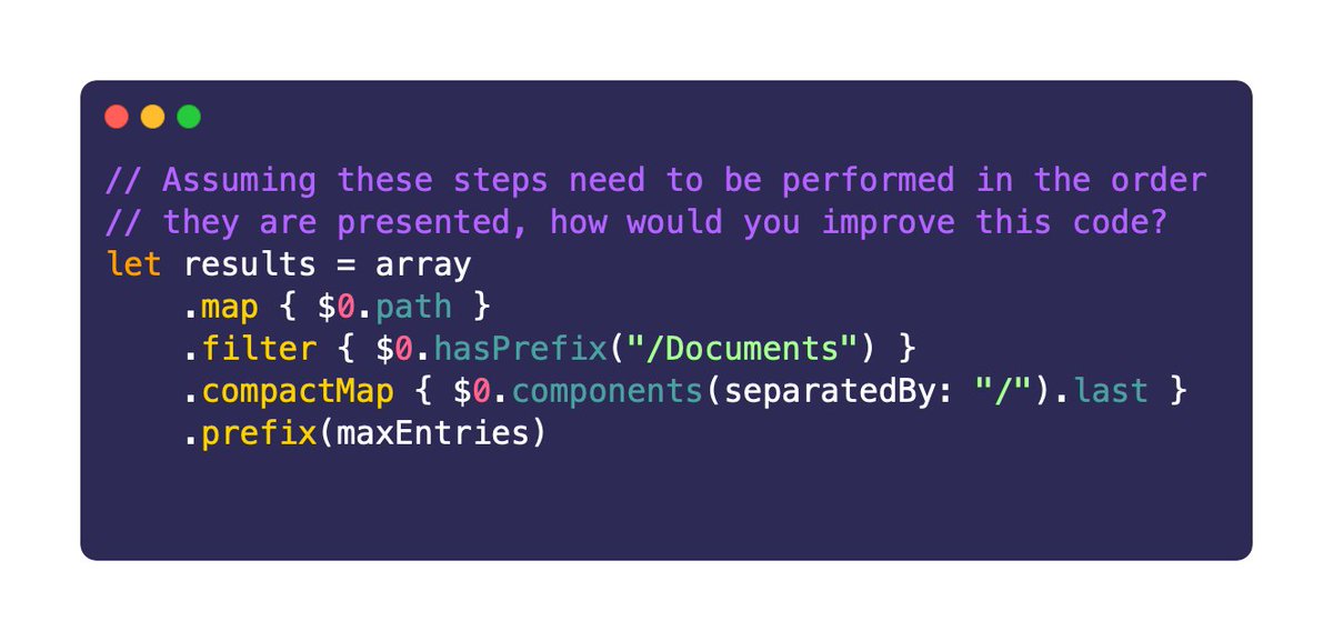 CodeCompletion's tweet photo. It’s time once again for #CompleteTheCode! This one is from episode 39:
> Assuming the steps below need to be performed in the order they are presented, how would you improve this code?
Reply with your answers to see if you got it right it next week’s episode! https://t.co/d8L3tncwck