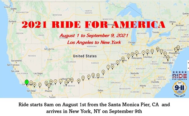 Firefighters bicycling from LA to NY for 20th Anniversary of 9-11.  40 days  4 Charities #nwfirevelo #firevelo #firstresponders #veterans #sanfranciscofirefightercancerpreventionfoundation #friendsoffirefighters #thefirefamilyfoundation #garysinisefoundationrise #343neverforget