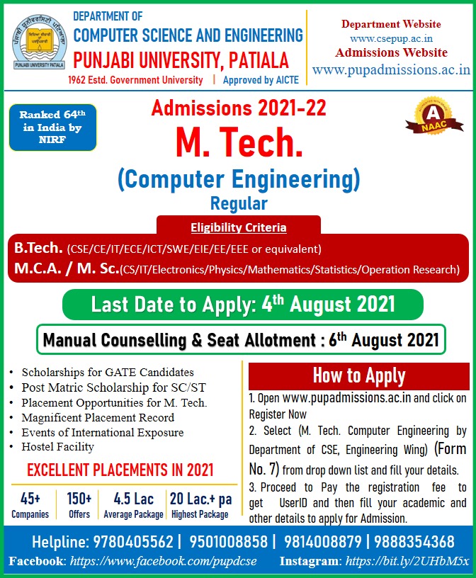 PbiUniPatiala's tweet photo. #AdmissionNotice for #MTech (Computer Engineering) 2021-22 session
#InformationBooklet and #AdmissionForm is accessible and can be submit online at https://t.co/SWqqIPSrBe
Date of counselling through offline mode and seat allotment: August 6, 2021 https://t.co/DedNrKHN9N