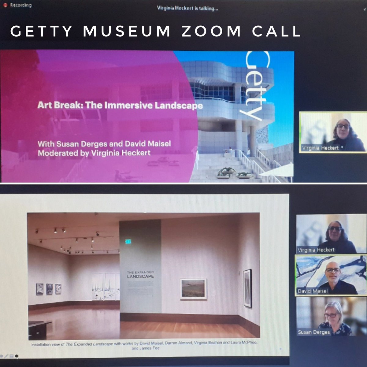 SJCharles1's tweet photo. How do contemporary #photographers engage with the natural environment? 
Fascinating Zoom call happening now on "The Expanded Landscape," with #photographs curator #VirginiaHeckert, British artist #SusanDerges and San Francisco-based artist #DavidMaisel. Thank you to @GettyMuseum https://t.co/lo9kITEiKC