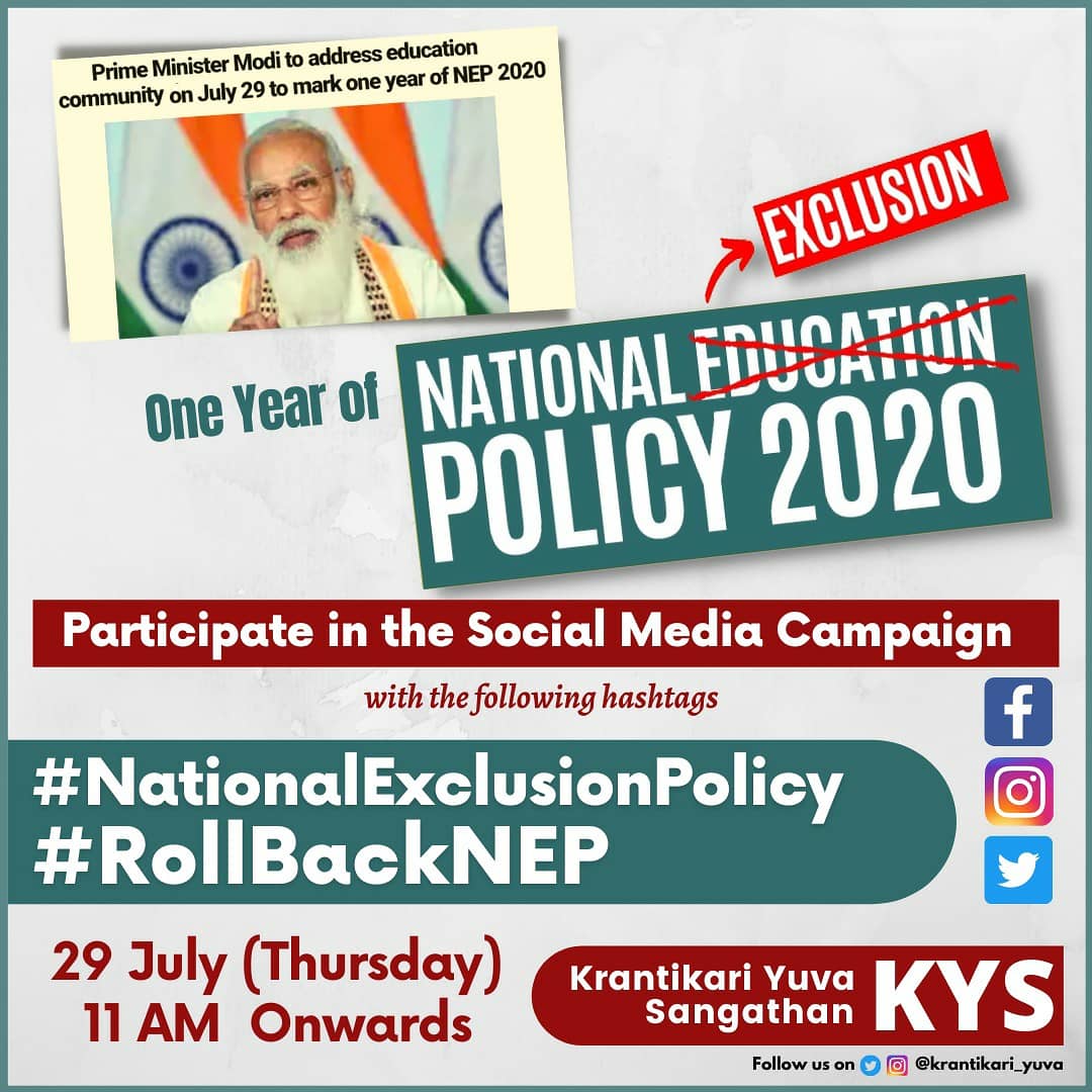 krantikari_yuva's tweet photo. Participate in Social Media Campaign against NEP 2020 

29 July, 11 AM onwards

Use hashtags: 

#NationalExclusionPolicy
#RollBackNEP https://t.co/Sbb3jtwvl5