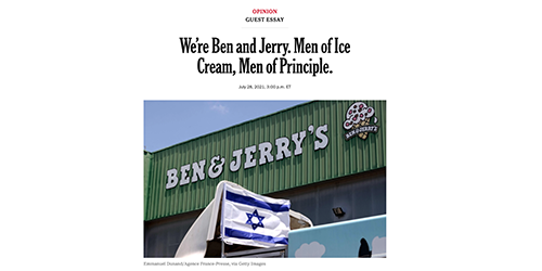 benandjerrys's tweet photo. "As Jewish supporters of the State of Israel, we fundamentally reject the notion that it is anti-Semitic to question the policies of the State of Israel.” Read our cofounders’ op-ed in @NYTopinion on our operations in the Occupied Palestinian Territory: https://t.co/TbijBRtApq https://t.co/5vbuaXbUHR