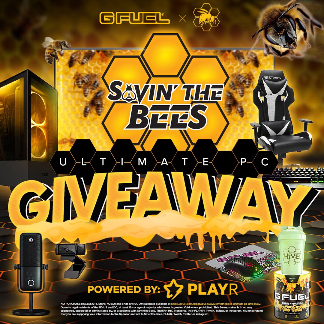 SavinTheBees's tweet photo. *AHEM*

I present to you our SavinTheBees x @GfuelEnergy #HIVESZN ULTIMATE GIVEAWAY

RT &amp; Tag a friend 

Enter here: https://t.co/2ZnmlJK7It

No purchase necessary. Ends 8/11/21. 18+, 50 US &amp; DC. https://t.co/sLoiV0frc8 Official Rules. Void where prohibited. #AD https://t.co/WeP71ZXnvE