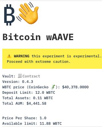Badger developed #Bitcoin wAAVE strategy is live on ape.tax/bitcoinwave created by <a href="/GalloDaSballo/">Alex the Entreprenerd</a>. 

Levered @AaveAave WBTC strategy

We continue to work w/ <a href="/iearnfinance/">yearnfi</a> to bring better returns to the WBTC vault. 

W/ adequate testing this strategy may be added to that vault