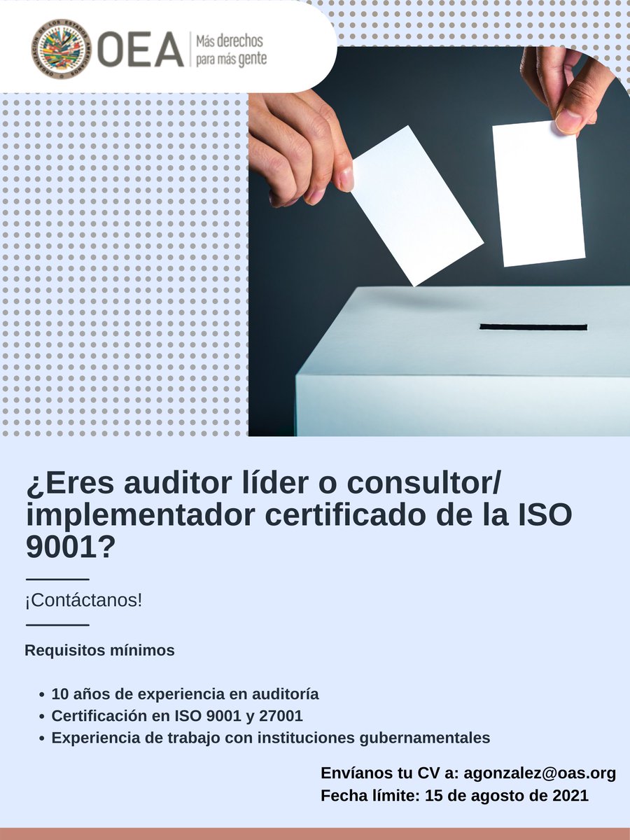 OAS_IEAB's tweet photo. 🔔Haciendo un llamado a todos los interesado🔔 

Si eres auditor líder o consultor/implementador certificado de la ISO 9001

¡Envíanos tu CV! 📥 

🗓Fecha límite 15 de agosto de 2021 https://t.co/cDlGW930r6