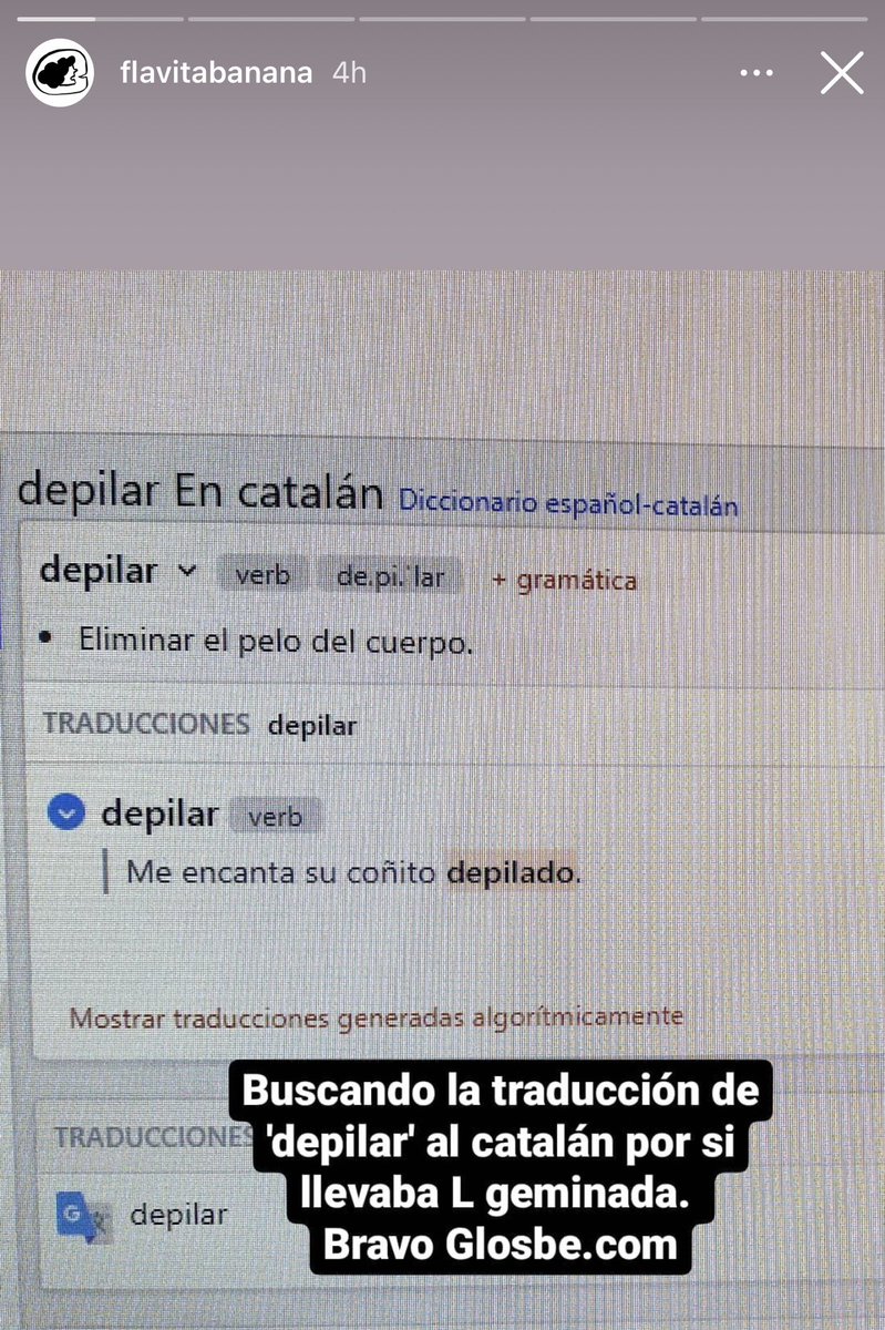 pazpedraza's tweet photo. @Glosbe alguna explicación acerca de los vergonzosos ejemplos de traducción que tenéis en vuestra página? Capturas de pantalla vía Instagram de Flavita Banana. #asco https://t.co/kuOcdmu9FI