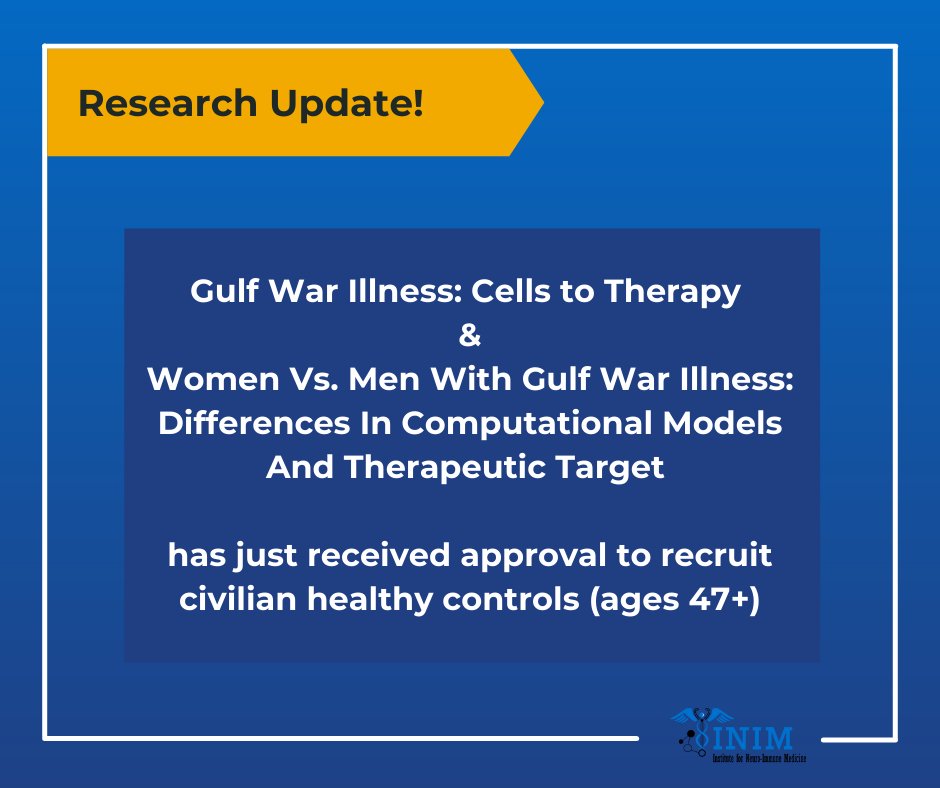 NSU_INIM's tweet image. Research Study Updates!

The #GulfWarIllness: Cells to Therapy &amp;amp; the Women Vs. Men With Gulf War Illness: Differences In Computational Models And Therapeutic Target has just received approval to recruit civilian healthy controls (ages 47+).