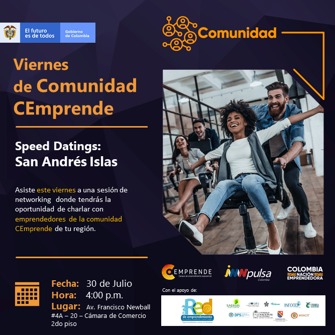 InnpulsaCol's tweet photo. #SanAndrés | Participa este viernes 30/07 del #SpeedDatings. Generaremos un espacio de Networking entre emprendedores donde podrás compartir y presentar tu empresa para generar conversaciones 1 a 1 con los demás participantes.

Inscríbete aquí: https://t.co/EZilPkWYlv
#CEmprende https://t.co/bHsXM8rUfq