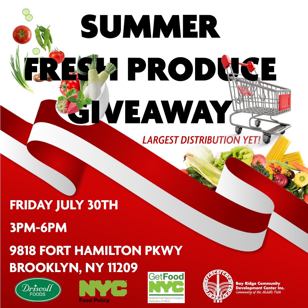 bay_development's tweet photo. BRCDC Summer Fresh Produce Giveaway is back and bigger than ever! Stop by and pick up your Fresh Produce and Groceries at our center this Friday! 🛒 #foodgiveaway #community #communitycenter #brcdc #bayridge #sunsetpark https://t.co/ygGjq08Vhy