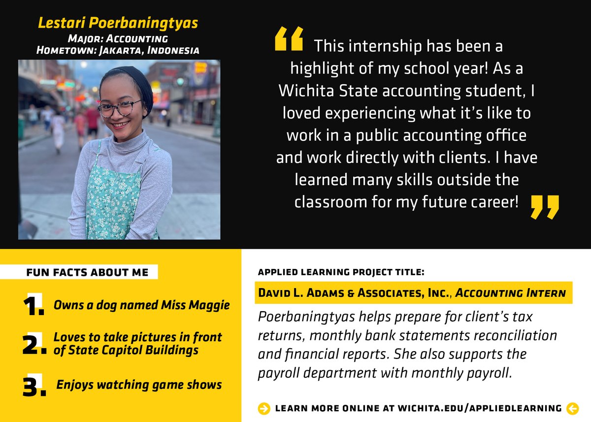 ShockerCareer's tweet image. 📢 Yay for @WichitaState Accounting major, Lestari Poerbaningtyas, for her internship with David L. Adams &amp;amp; Associates, Inc. - what an accomplishment! @BartonSchoolWSU is lucky to have you as a student!

🎉 #NationalInternWeek ⭐
#MyCareerStartsHere #WSUNow #AppliedLearning