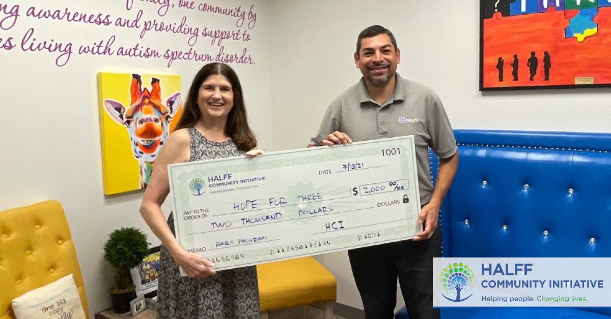 Halff_HCI's tweet photo. HCI donated to Hope For Three's Family Assistance and Resource Support (FARS) program, which provides financial aid to qualified families with children on the autism spectrum in the Greater Houston area, as well as resources and referrals to the general public. #HalffGives https://t.co/bOU1LMOnoG