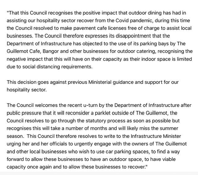 Pleased to get all party support for my &amp; <a href="/WesleyIrvine3/">Councillor Wesley Irvine</a> Notice of Motion at Council tonight to support all local businesses including <a href="/GuillemotCafe/">The Guillemot</a> who have been wrongly denied use of on-street parking bays by <a href="/deptinfra/">Department for Infrastructure</a> for outdoor catering. #supportlocal #supporthospitality