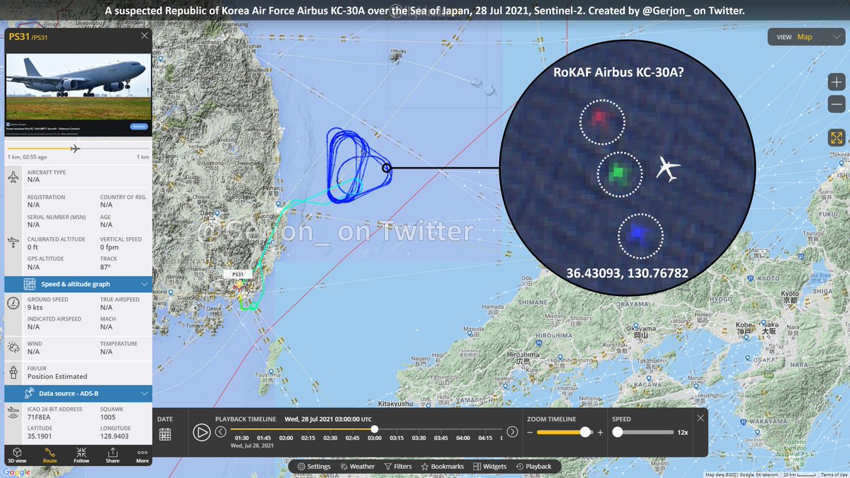 Gerjon_'s tweet photo. Today's 🛰️Sentinel-2 imagery shows an aircraft of approx. 60m wingspan at the position of #PS31, previously unidentified hex code #71F8EA, just east of 🇰🇷South Korea.

Perhaps unsurprisingly, this aircraft is therefore likely a 🇰🇷RoKAF KC-30A (A330 MRTT).

📍36.43093, 130.76782 https://t.co/In2lzw4TcB
