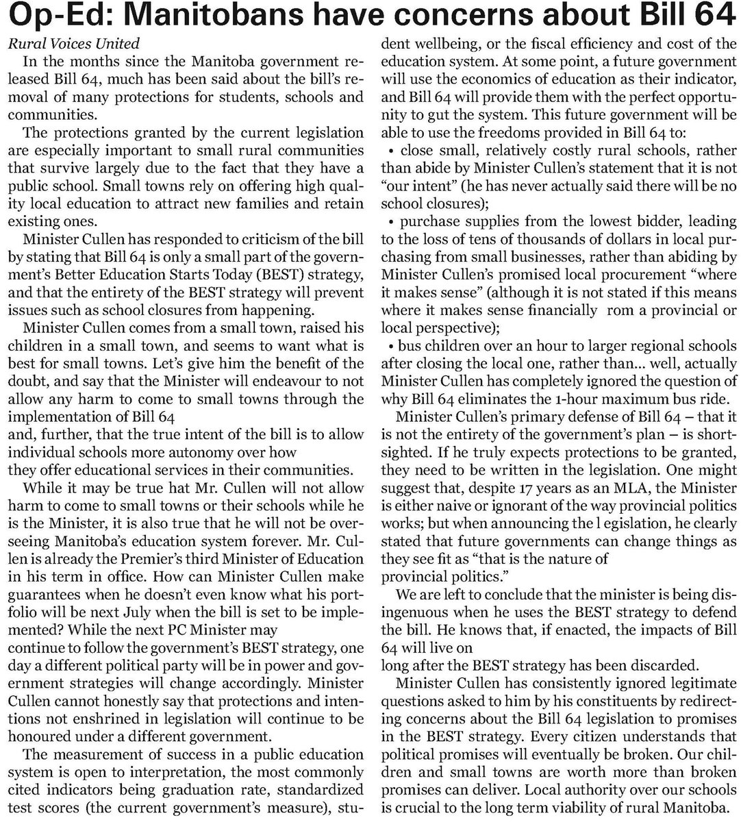 Bill 64 is short-sighted. @CliffCullenMLA says to trust the current government. What about when the current government is no longer in power? How can he promise the system won’t be gutted when he won’t be minister forever? (op-ed appears in the Sentinel Courier and other papers)