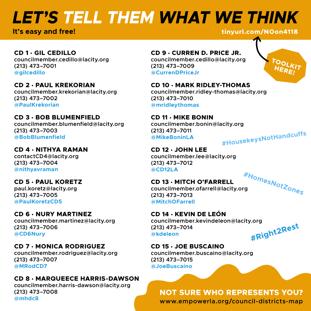 KtownforAll's tweet image. Every LA City Council Member except for @mikebonin and @nithyavraman voted to pass 41.18, which criminalizes sitting, sleeping, and lying down in many public spaces throughout LA. Unless @MayorOfLA vetoes it, the ordinance will take effect in 31 days. 
tinyurl.com/NoOn4118